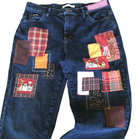 Upcycled Patchwork Jeans: Boho Distressed Denim with Puppies, Size 12 Short - Picture 10 of 13